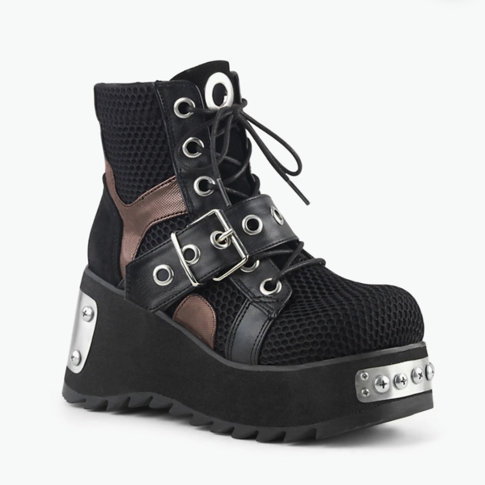 Demonia | Scene 53 | Black, Bronze and Silver Platform Ankle Boots